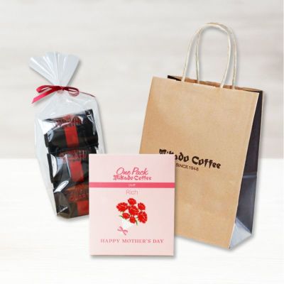 ドリップバッグコーヒー<br>リッチブレンド【4枚】〈各1枚：8ｇ〉と<br>マーマレードブーケ【3個】と手提1枚のギフト